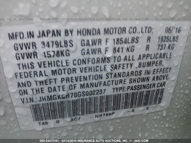 JHMGK5H70GS002237 - 2016 HONDA FIT EX/EXL WHITE photo 9