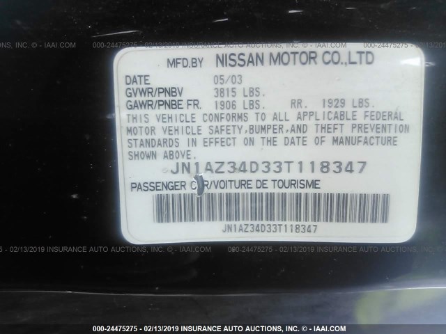 JN1AZ34D33T118347 - 2003 NISSAN 350Z COUPE BLACK photo 9