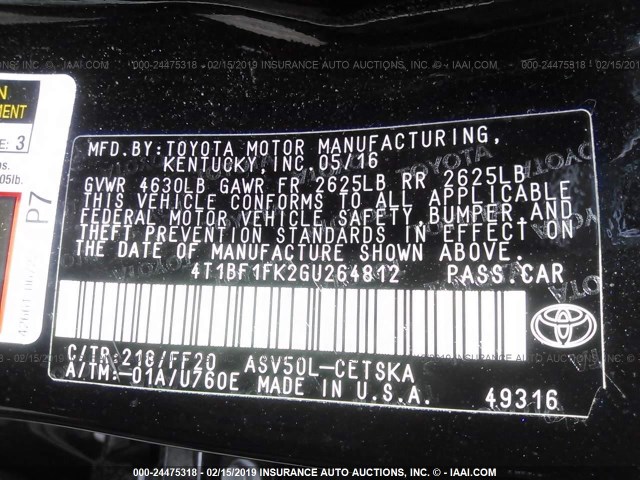 4T1BF1FK2GU264812 - 2016 TOYOTA CAMRY LE/XLE/SE/XSE შავი ფოტო 9