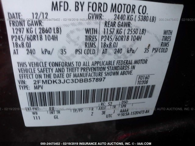 2FMDK3JC3DBB57897 - 2013 FORD EDGE SEL RED photo 9