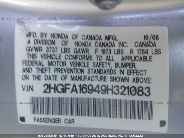 2HGFA16949H321083 - 2009 HONDA CIVIC EXL ვერცხლისფერი ფოტო 9