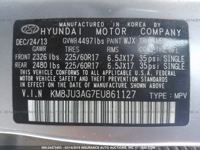 KM8JU3AG7EU861127 - 2014 HYUNDAI Tucson GLS/LIMITED/SE SILVER photo 9