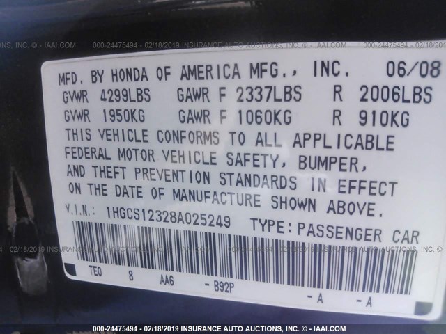 1HGCS12328A025249 - 2008 HONDA Accord LX-S BLACK photo 9