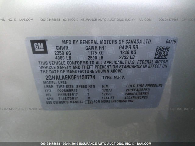 2GNALAEK0F1158774 - 2015 CHEVROLET EQUINOX LS Bej foto 9