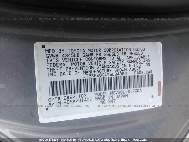 JT8BF28G4Y5094062 - 2000 LEXUS ES 300 GRAY photo 9