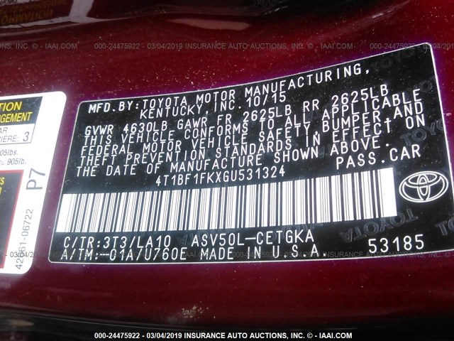 4T1BF1FKXGU531324 - 2016 TOYOTA CAMRY LE/XLE/SE/XSE RED photo 9