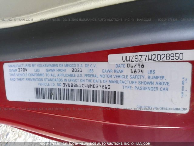 3VWBB61C4WM037263 - 1998 VOLKSWAGEN NEW BEETLE Rot Foto 9