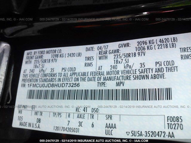 1FMCU0JD8HUD73256 - 2017 FORD ESCAPE TITANIUM BLACK photo 9