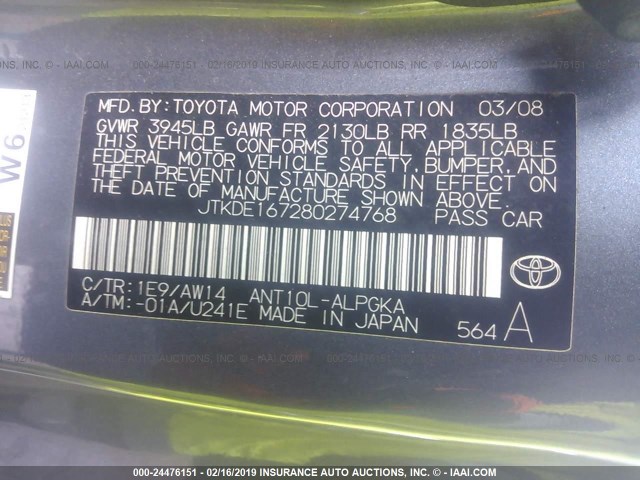 JTKDE167280274768 - 2008 TOYOTA SCION TC ნაცრისფერი ფოტო 9