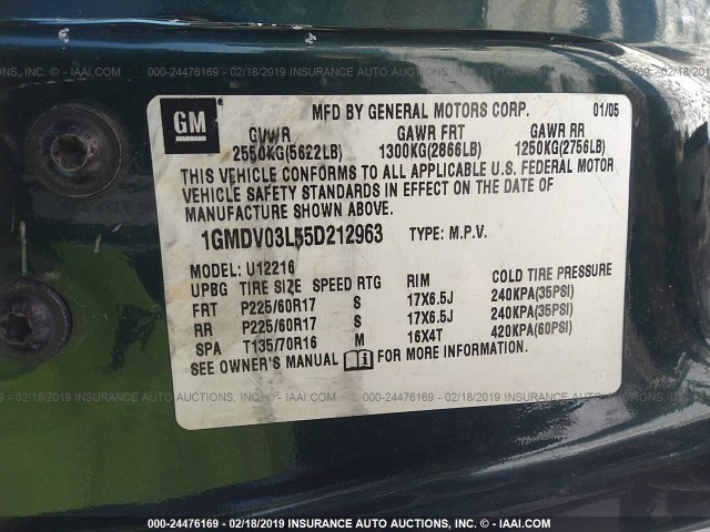 1GMDV03L55D212963 - 2005 PONTIAC MONTANA SV6 GREEN photo 9