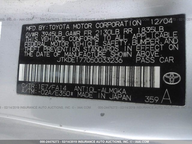 JTKDE177050033236 - 2005 TOYOTA SCION TC 银色 照片 9