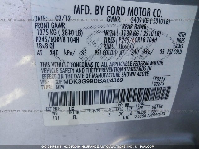 2FMDK3G99DBA04369 - 2013 FORD EDGE SE SILVER photo 9