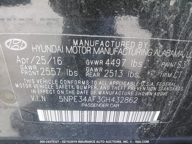 5NPE34AF3GH432862 - 2016 HYUNDAI SONATA SPORT/LIMITED BLACK photo 9