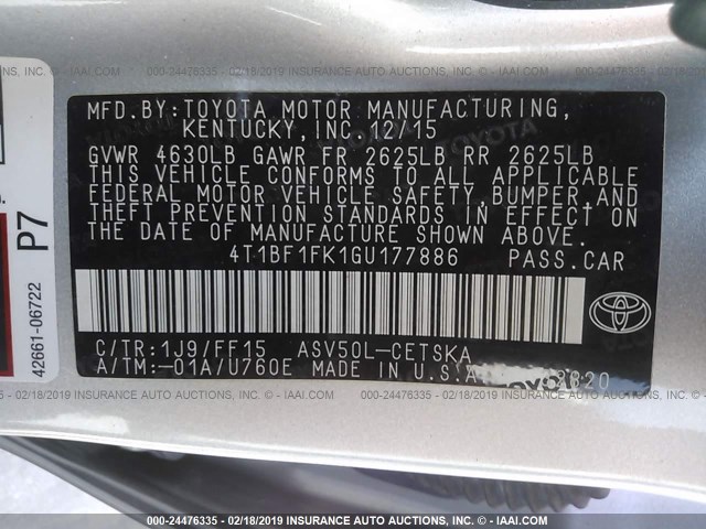 4T1BF1FK1GU177886 - 2016 TOYOTA CAMRY LE/XLE/SE/XSE SILVER photo 9