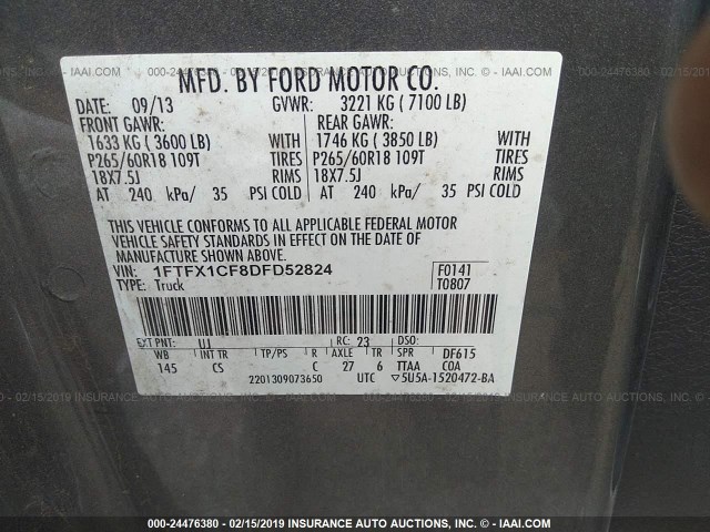 1FTFX1CF8DFD52824 - 2013 FORD F150 SUPER CAB GRAY photo 9