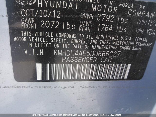 KMHDH4AE5DU666227 - 2013 HYUNDAI ELANTRA GLS/LIMITED Light Blue photo 9