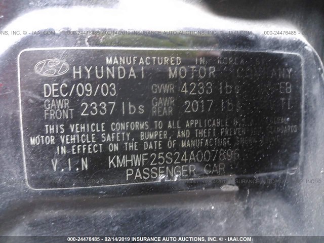 KMHWF25S24A007896 - 2004 HYUNDAI SONATA GL BLACK photo 9