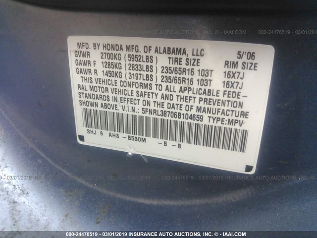 5FNRL38706B104659 - 2006 HONDA ODYSSEY EXL BLUE photo 9