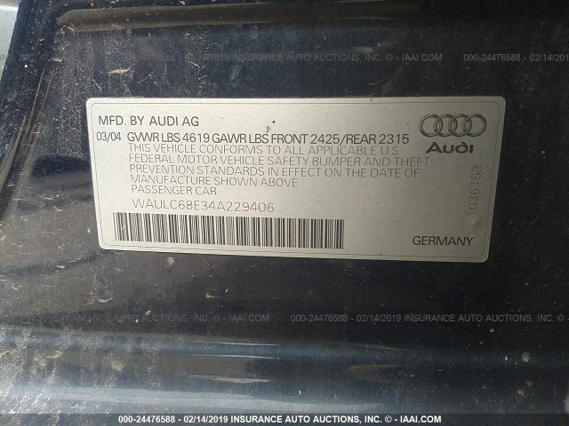 WAULC68E34A229406 - 2004 AUDI A4 1.8T QUATTRO BLUE photo 9