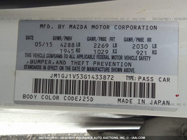 JM1GJ1V53G1433872 - 2016 MAZDA 6 TOURING WHITE photo 9