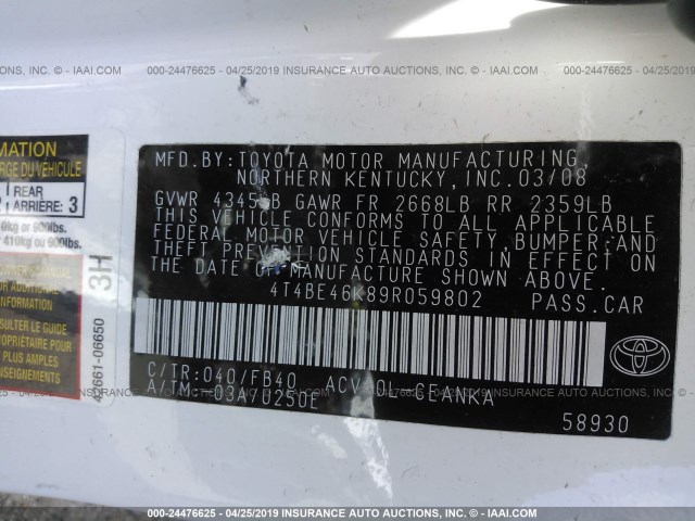 4T4BE46K89R059802 - 2009 TOYOTA CAMRY SE/LE/XLE WHITE photo 9