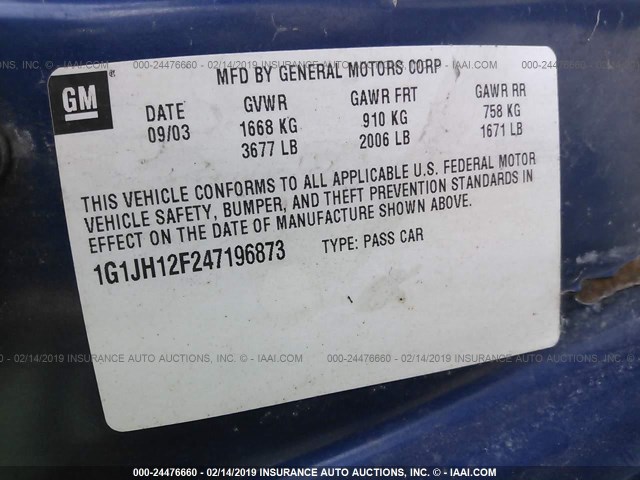 1G1JH12F247196873 - 2004 CHEVROLET CAVALIER LS SPORT BLUE photo 9