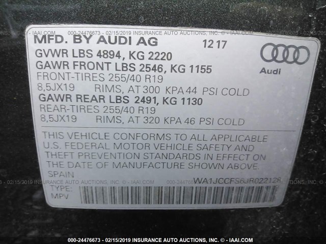 WA1JCCFS6JR022128 - 2018 AUDI Q3 PREMIUM PLUS GRAY photo 9