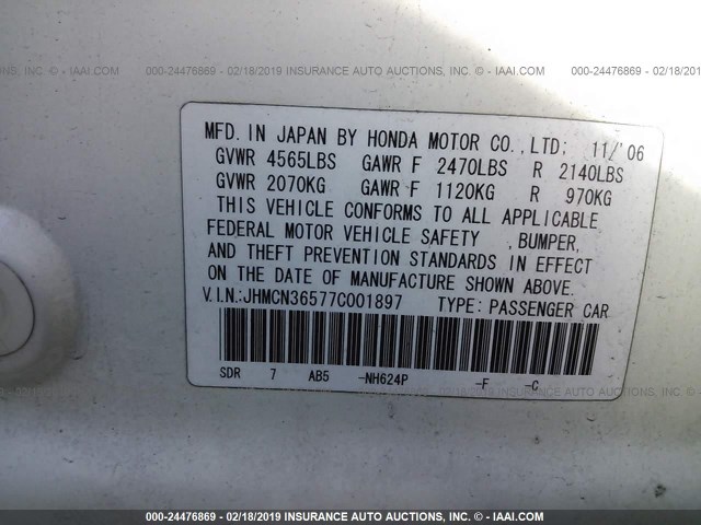 JHMCN36577C001897 - 2007 HONDA ACCORD HYBRID WHITE photo 9