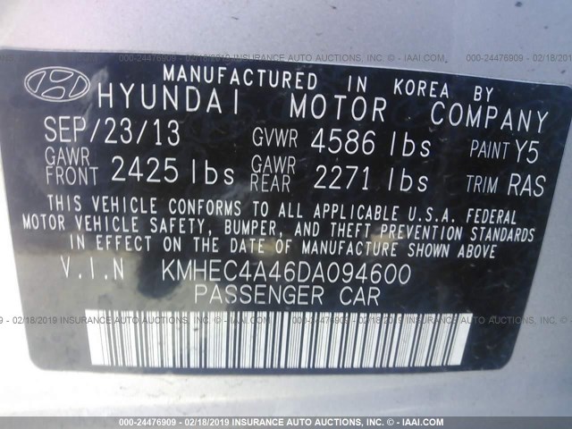 KMHEC4A46DA094600 - 2013 HYUNDAI SONATA HYBRID SILVER photo 9