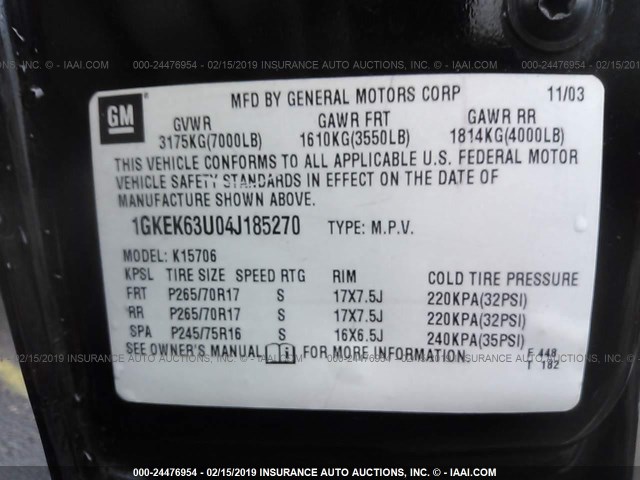 1GKEK63U04J185270 - 2004 GMC YUKON DENALI BLACK photo 9