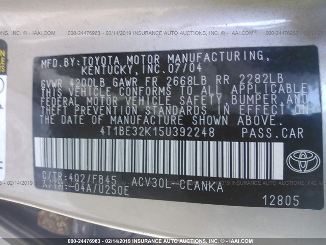4T1BE32K15U392248 - 2005 TOYOTA CAMRY LE/XLE/SE GOLD photo 9