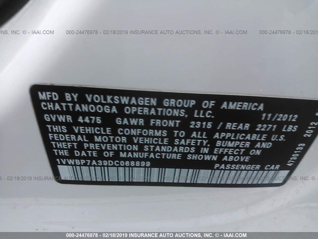 1VWBP7A39DC068899 - 2013 VOLKSWAGEN PASSAT SE WHITE photo 9