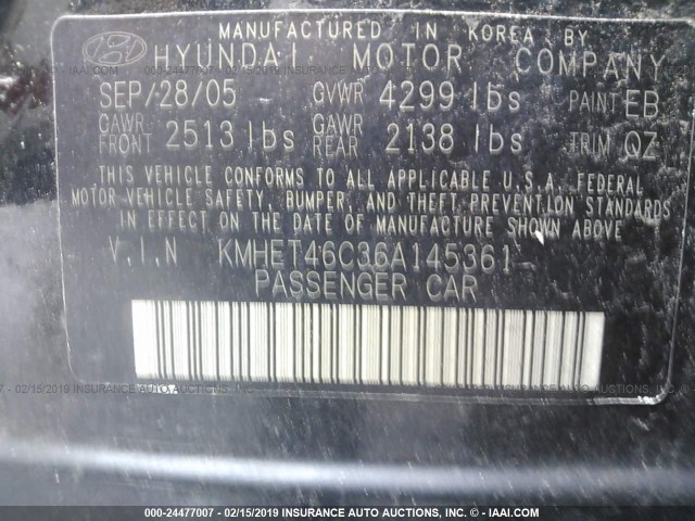 KMHET46C36A145361 - 2006 HYUNDAI SONATA GL BLACK photo 9