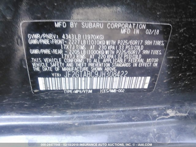 JF2GTABC9JH308422 - 2018 SUBARU CROSSTREK PREMIUM GRAY photo 9