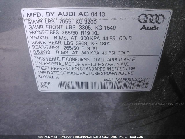 WA1LMAFE8DD013971 - 2013 AUDI Q7 PREMIUM PLUS SILVER photo 9