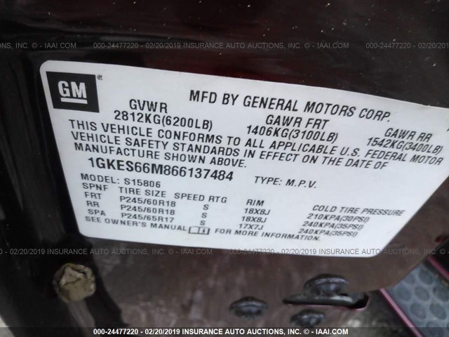 1GKES66M866137484 - 2006 GMC ENVOY DENALI XL MAROON photo 9