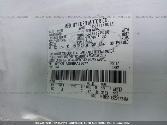 1FTKR1AD5BPA93677 - 2011 FORD RANGER WHITE photo 9