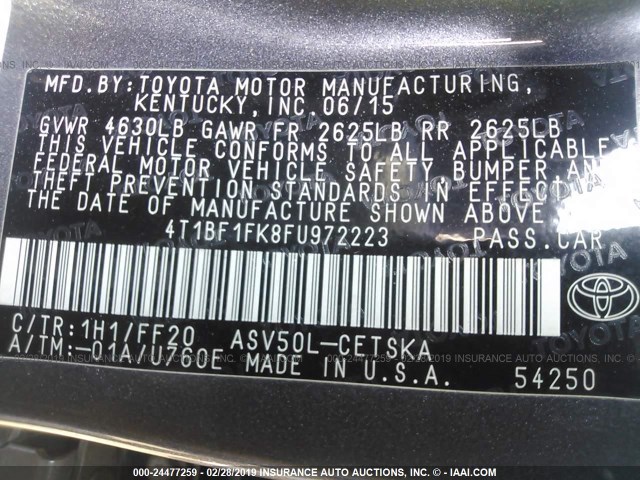 4T1BF1FK8FU972223 - 2015 TOYOTA CAMRY LE/XLE/SE/XSE 灰色 照片 9