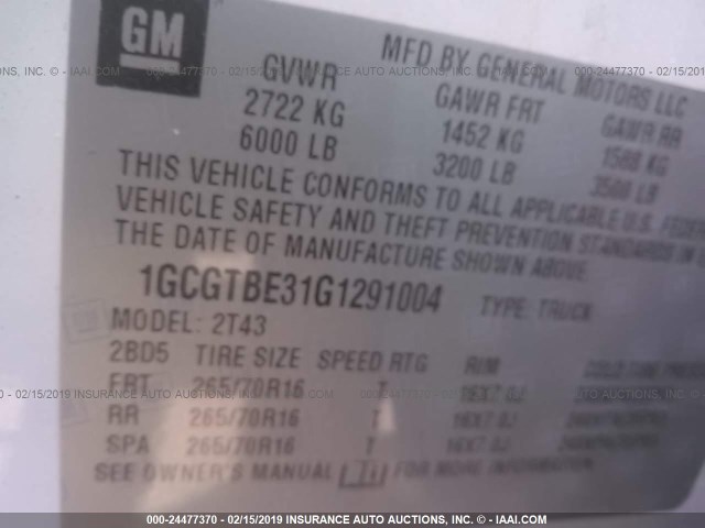 1GCGTBE31G1291004 - 2016 CHEVROLET COLORADO WHITE photo 9