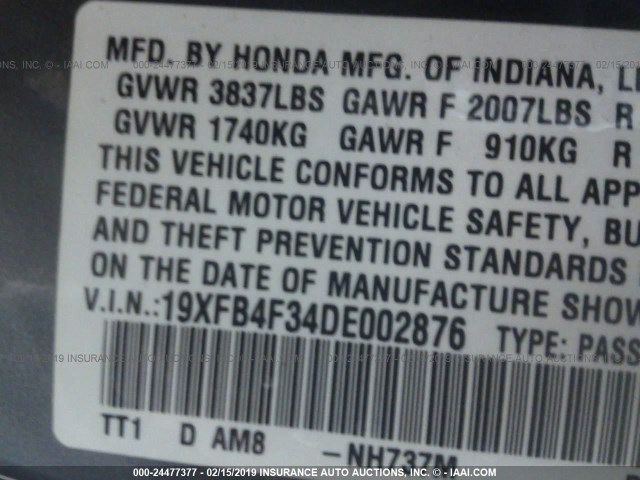 19XFB4F34DE002876 - 2013 HONDA CIVIC HYBRID L GRAY photo 9