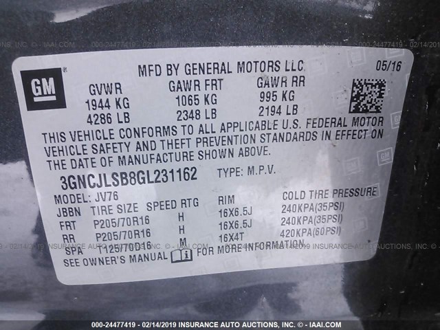 3GNCJLSB8GL231162 - 2016 CHEVROLET TRAX 1LT GRAY photo 9