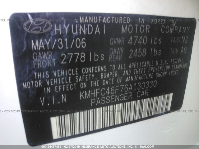 KMHFC46F76A130330 - 2006 HYUNDAI AZERA SE/LIMITED WHITE photo 9