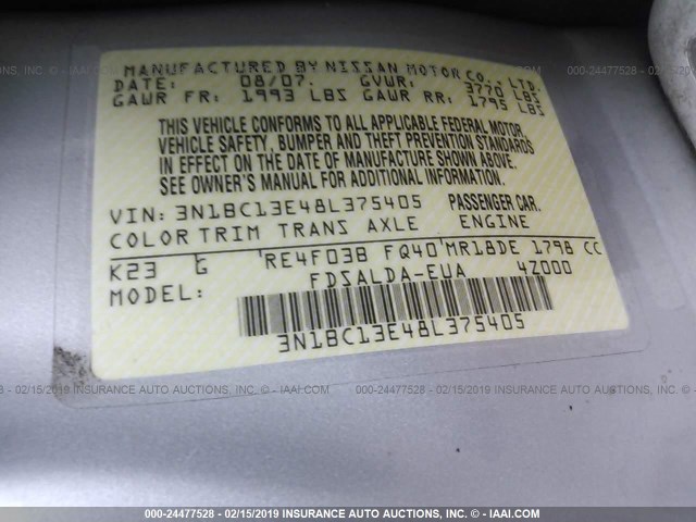 3N1BC13E48L375405 - 2008 NISSAN VERSA S/SL SILVER photo 9