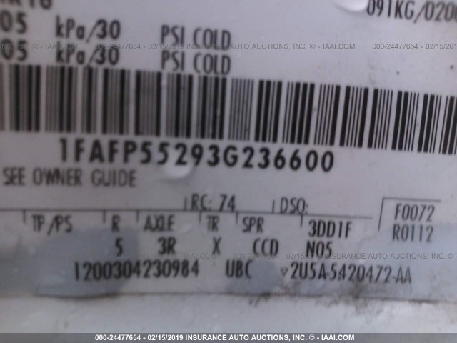 1FAFP55293G236600 - 2003 FORD TAURUS SES WHITE photo 9