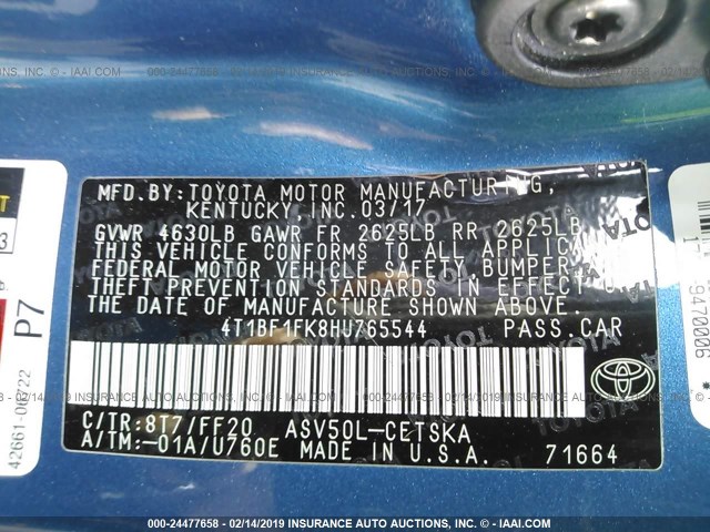 4T1BF1FK8HU765544 - 2017 TOYOTA CAMRY LE/XLE/SE/XSE BLUE photo 9