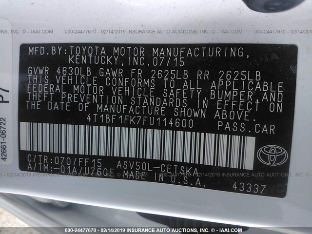 4T1BF1FK7FU114600 - 2015 TOYOTA CAMRY LE/XLE/SE/XSE 白色 照片 9