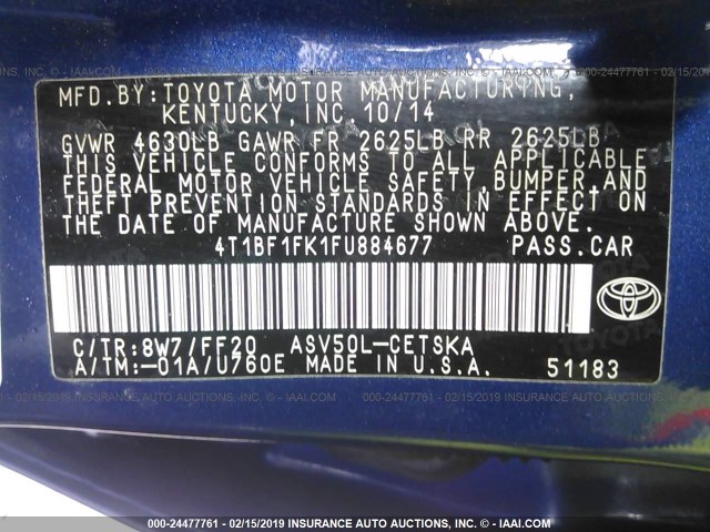 4T1BF1FK1FU884677 - 2015 TOYOTA CAMRY LE/XLE/SE/XSE BLUE photo 9