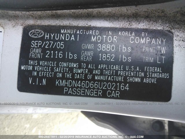 KMHDN46D66U202164 - 2006 HYUNDAI ELANTRA GLS/GT/LIMITED SILVER photo 9