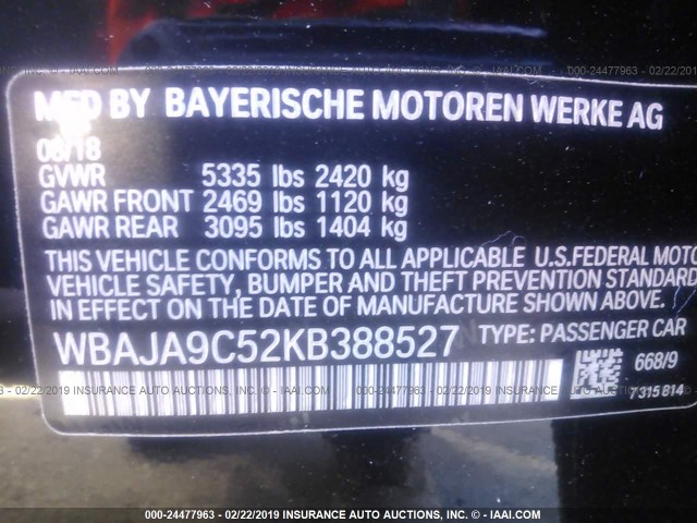WBAJA9C52KB388527 - 2019 BMW 530E BLACK photo 9