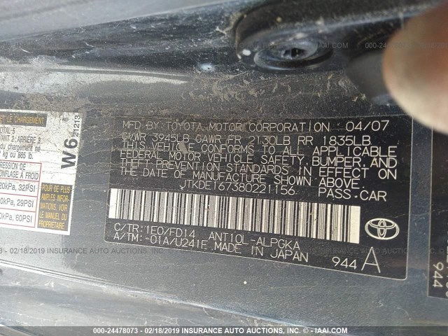 JTKDE167380221156 - 2008 TOYOTA SCION TC ნაცრისფერი ფოტო 9